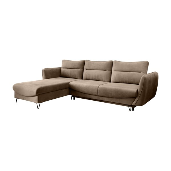 Világosbarna bársony kinyitható-tárolóhelyes sarokkanapé (bal oldali-heverő résszel) Silva – ELTAP