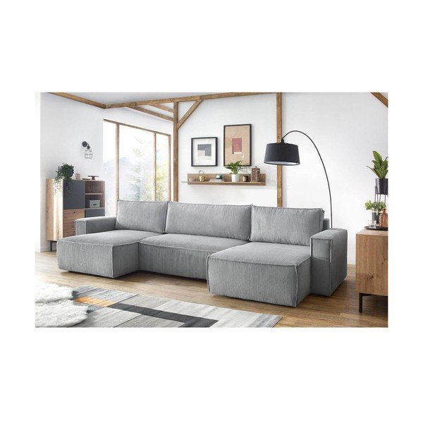 Világosszürke kordbársony kinyitható sarokkanapé ("U" alakú) Nihad – Bobochic Paris-image-1