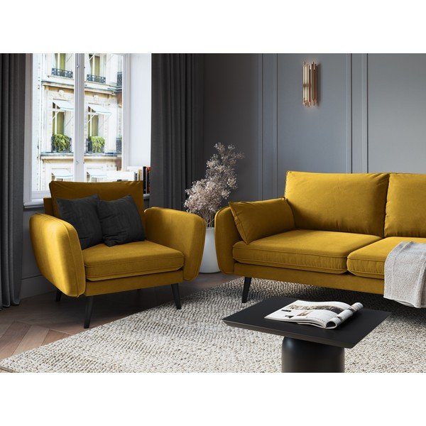 Lento sárga bársony fotel fekete lábakkal - Kooko Home-image-4