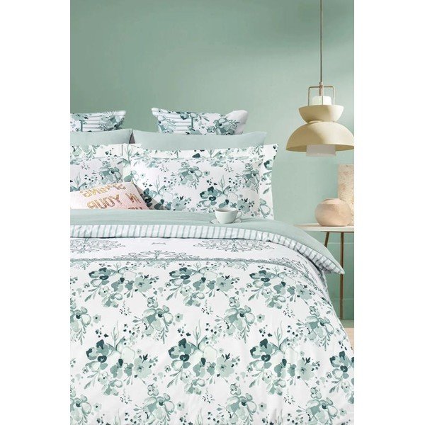 Fehér-zöld kétszemélyes hosszabbított négyrészes  renforcé pamut ágyneműhuzat lepedővel 200x220 cm – Mila Home-image-1