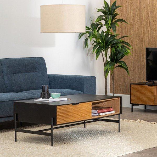 Fekete-natúr színű dohányzóasztal kőrisfa dekorral 60x124 cm Orleans – Ixia-image-2