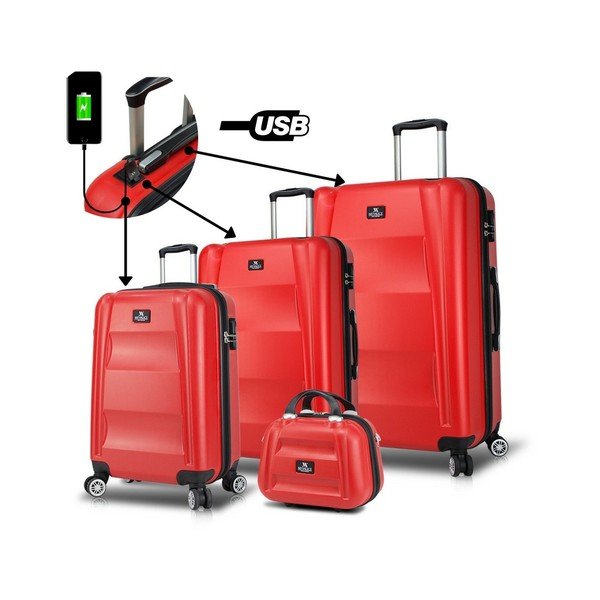 LASSO Travel Set 3 piros görgős bőrönd és kézipoggyász szett USB csatlakozóval - My Valice-image-4
