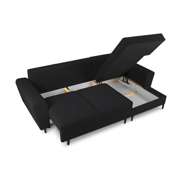 Fekete buklé kinyitható tárolóhelyes sarokkanapé (jobb oldali-heverő résszel) Kyoto – Cosmopolitan Design-image-3
