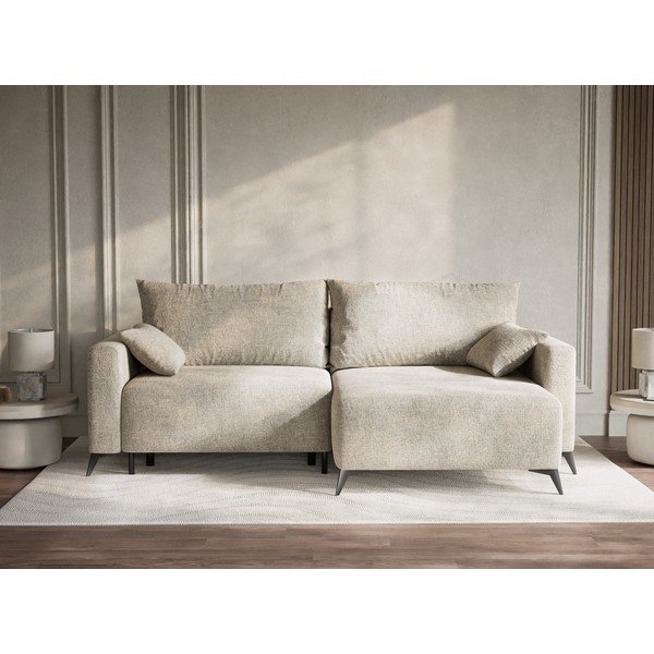 Bézs zsenília kinyitható-tárolóhelyes sarokkanapé (jobb oldali-heverő résszel) Leon – Maison de Rêve-image-1