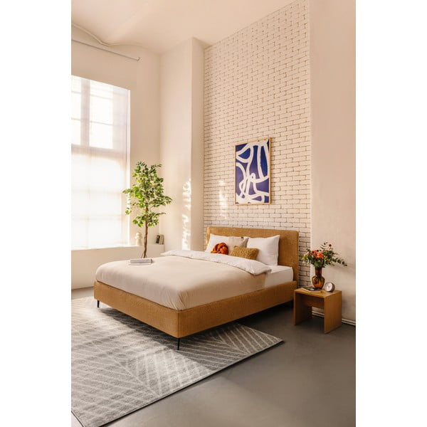 Mustársárga kárpitozott franciaágy ágyráccsal 180x200 cm Noira Slim – Bonami Selection-image-1