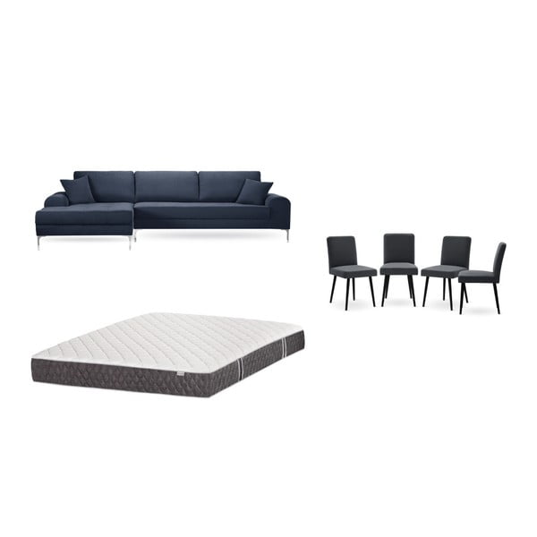 Sötétkék baloldali sarokkanapé, 4 db antracit szürke szék, matrac (160 x 200 cm) szett - Home Essentials