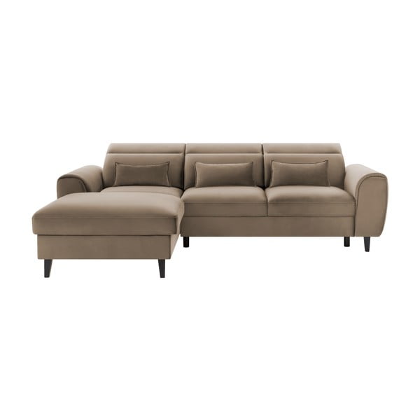 Világosbarna bársony kinyitható-tárolóhelyes sarokkanapé (bal oldali-heverő résszel) Foble – ELTAP