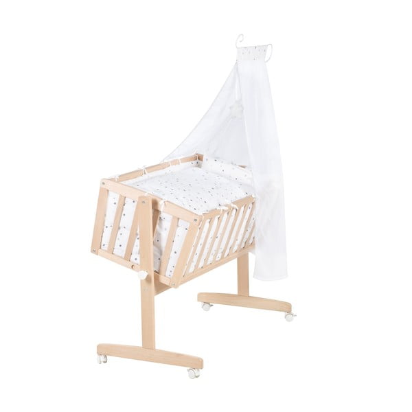 Natúr színű bükkfa gurulós-baldachinos bölcső 40x90 cm – Roba-image-2