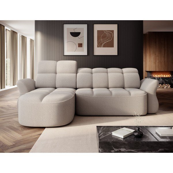 Bézs buklé kinyitható-tárolóhelyes sarokkanapé (bal oldali-heverő résszel) Beneth – ELTAP-image-1