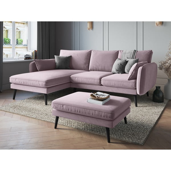 Lento világos rózsaszín bársony sarokkanapé fekete lábakkal, bal oldali - Kooko Home-image-1