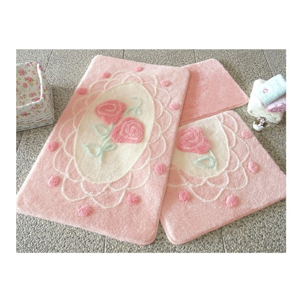 Knit Knot 3 darabos rózsaszín fürdőszobai kilépő szett rózsa motívummal