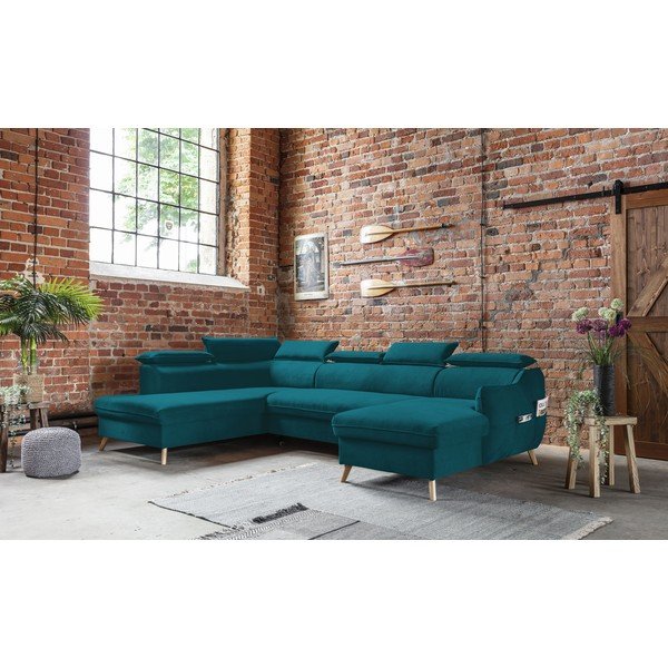 Türkiz bársony kinyitható sarokkanapé (bal oldali-"U" alakú) Sweet Harmony – Miuform-image-4