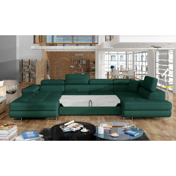 Zöld bársony kinyitható-tárolóhelyes sarokkanapé (jobb oldali-U alakú) Rodrigo – ELTAP-image-2