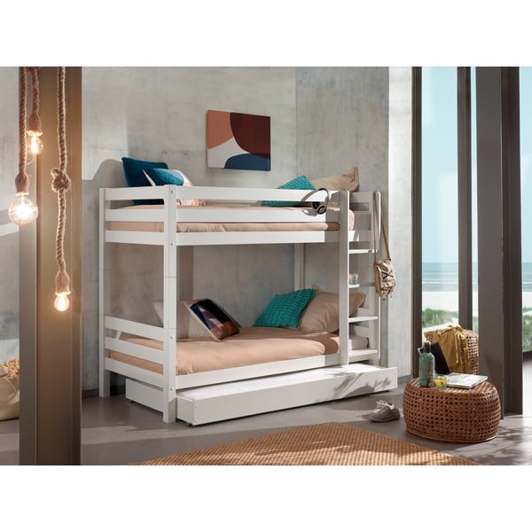 Fehér emeletes-kihúzható pótággyal borovi fenyő ágyneműtartós gyerekágy 90x200 cm PINO – Vipack-image-1