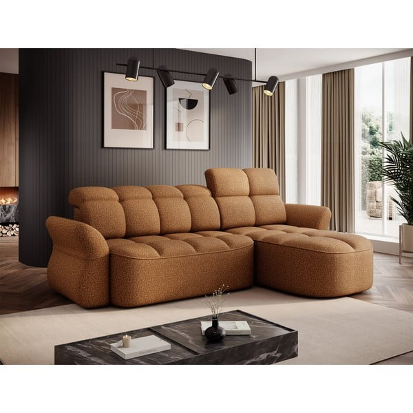 Sárga-barna bársony kinyitható-tárolóhelyes sarokkanapé (jobb oldali-heverő résszel) Beneth – ELTAP-image-1