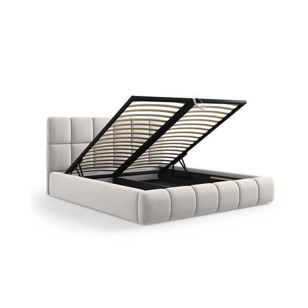 Világosszürke bársony kárpitozott ágyneműtartós franciaágy ágyráccsal 140x200 cm Bellis – Micadoni -image-2