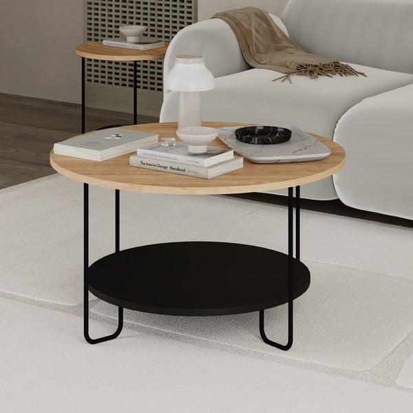 Fekete-natúr színű kerek dohányzóasztal tölgyfa dekoros asztallappal ø 80 cm Tonka – Marckeric-image-2