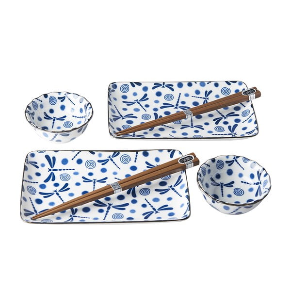 Blue Dragonfly hatrészes kék-fehér kerámia étkészlet sushihoz - MIJ