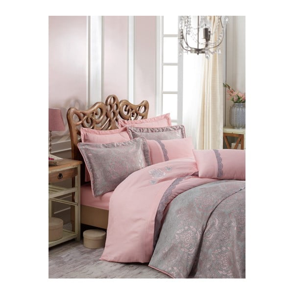 Ornella kétszemélyes rózsaszín-szürke ágytakaró párnahuzattal, 260 x 260 cm