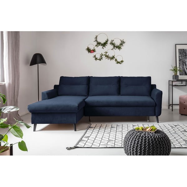 Stylish Stan sötétkék kinyitható bársony sarokkanapé, bal oldali - Miuform-image-1
