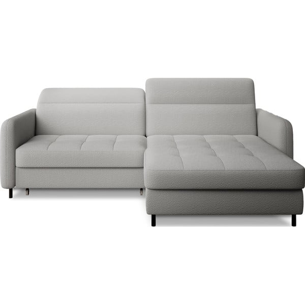 Szürke buklé kinyitható-tárolóhelyes sarokkanapé (jobb oldali-heverő résszel) Gomsi – ELTAP