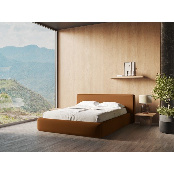 Terrakotta színű kárpitozott ágyneműtartós franciaágy ágyráccsal 160x200 cm Kiana – Makamii-image-1