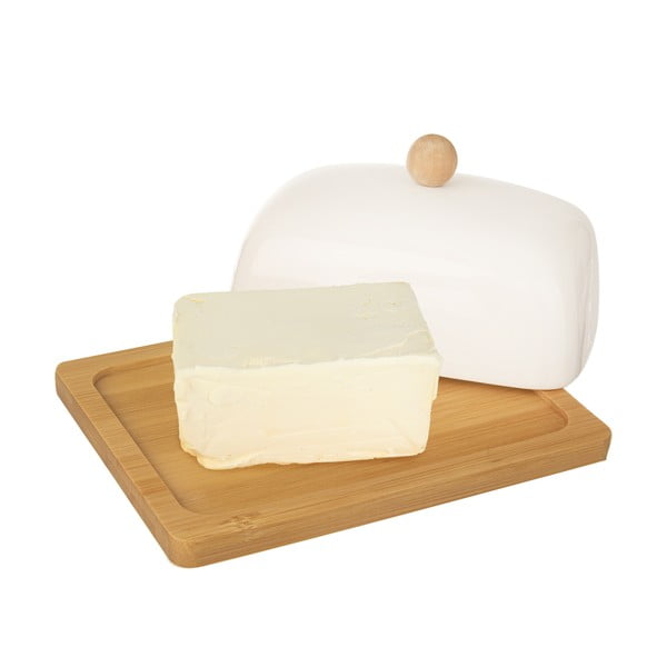 Whiteline fehér porcelán vajtartó bambusz tálcával - Orion-image-1