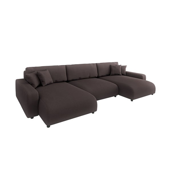 Barna kordbársony kinyitható tárolóhelyes sarokkanapé Sara – Ropez