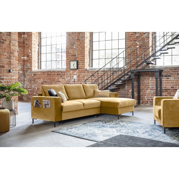 Lofty Lilly mustársárga kinyitható bársony sarokkanapé, jobb oldali - Miuform-image-4