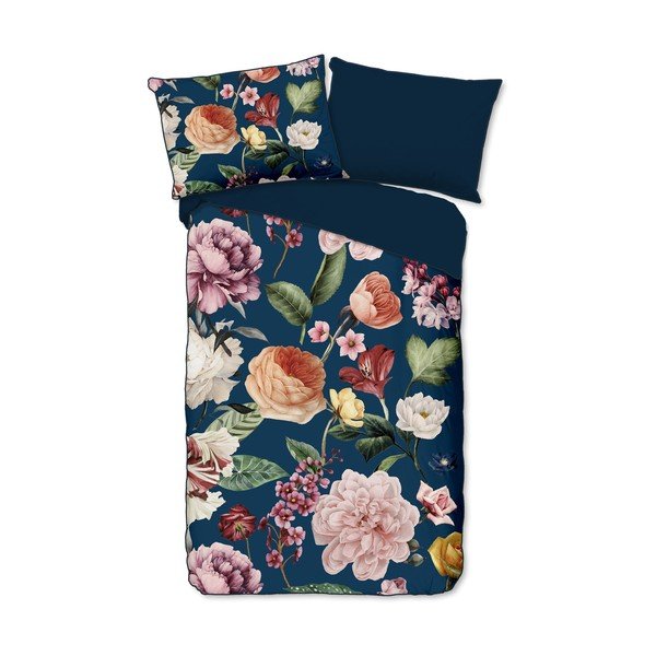 Sötétkék egyszemélyes-hosszabbított pamut-szatén ágyneműhuzat 140x220 cm Fiori – Descanso