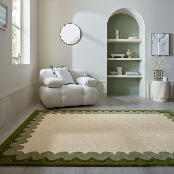 Zöld-natúr színű kézi szövésű gyapjú szőnyeg 140x200 cm Wiggle Wool – Flair Rugs-image-1