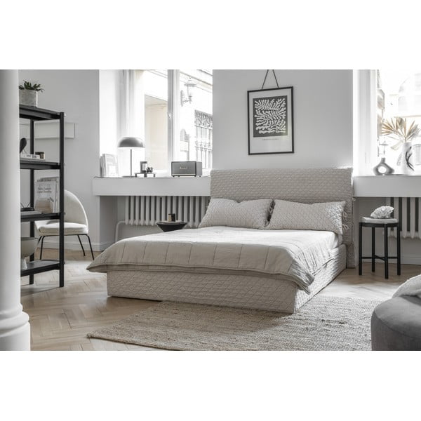 Bézs kárpitozott franciaágy tárolóhellyel ágyráccsal, 140x200 cm Sleepy Luna – Miuform-image-4