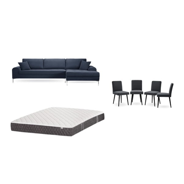 Sötétkék jobboldali sarokkanapé, 4 db antracit szürke szék, matrac (160 x 200 cm) szett - Home Essentials