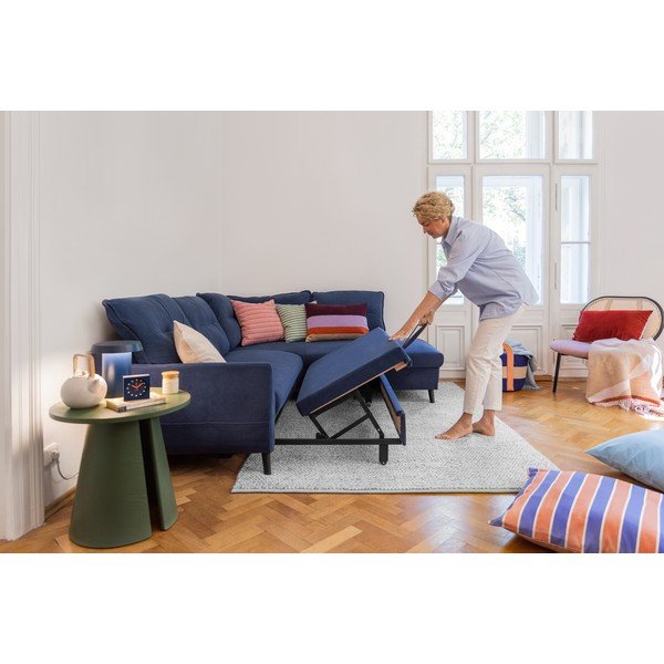 Stylish Stan L sötétkék kinyitható bársony sarokkanapé, jobb oldali - Miuform-image-3