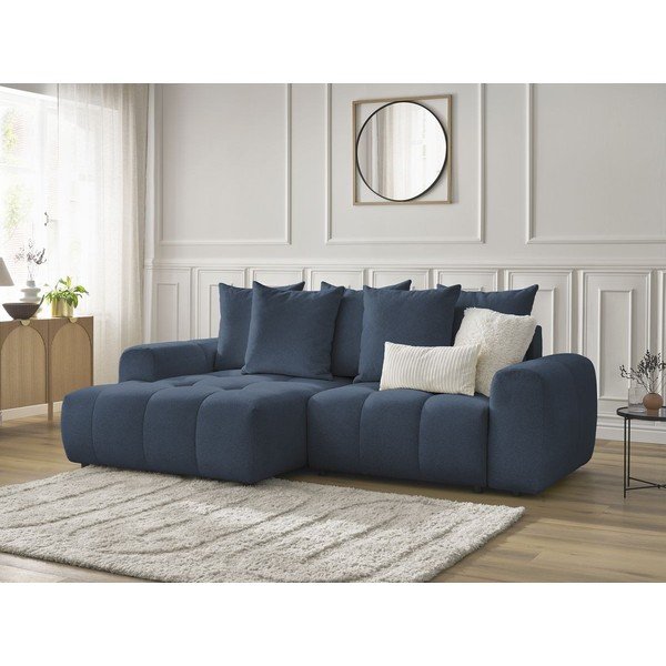 Kék zsenília kinyitható-tárolóhelyes sarokkanapé (bal oldali-heverő résszel) Roxelane – Bobochic Paris-image-3