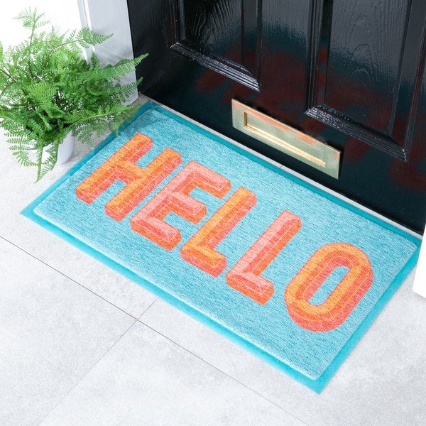 Újrahasznosított műanyag lábtörlő 40x70 cm Blue Hello – Artsy Doormats-image-1