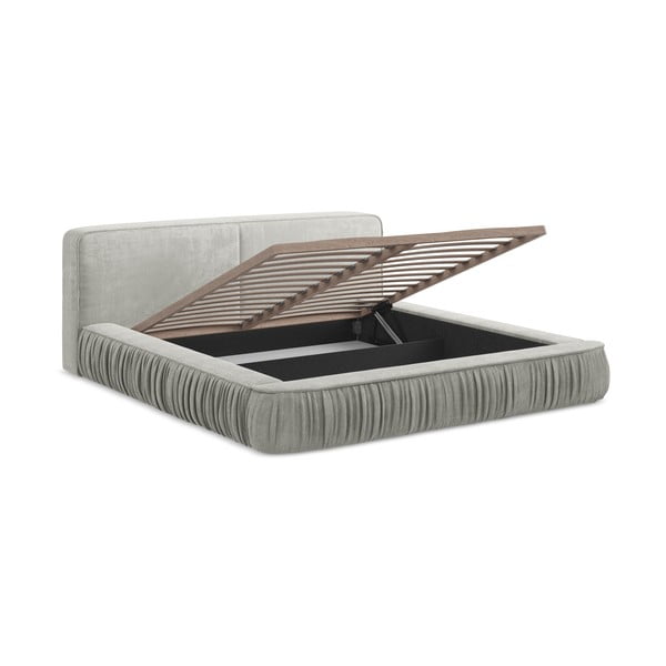 Világosszürke kárpitozott ágyneműtartós franciaágy ágyráccsal 180x200 cm Keoni – Makamii-image-1