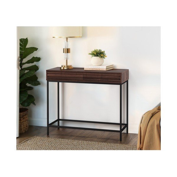 Sötétbarna konzolasztal diófa dekoros asztallappal 35x90 cm Celine – Støraa-image-1