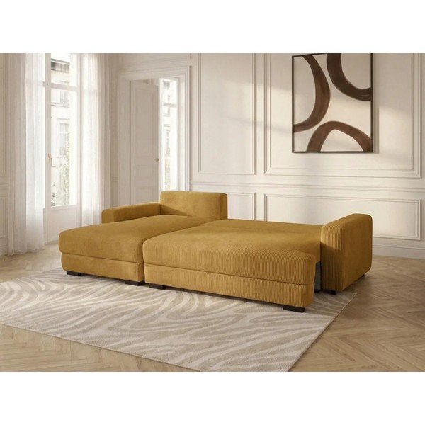 Sárga kordbársony kinyitható-tárolóhelyes sarokkanapé (bal oldali-heverő résszel) Campi – Bobochic Paris-image-3