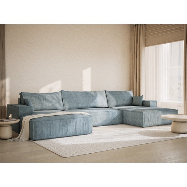 Világoskék zsenília kinyitható-tárolóhelyes sarokkanapé (U alakú)  Kyoto – Maison de Rêve-image-1