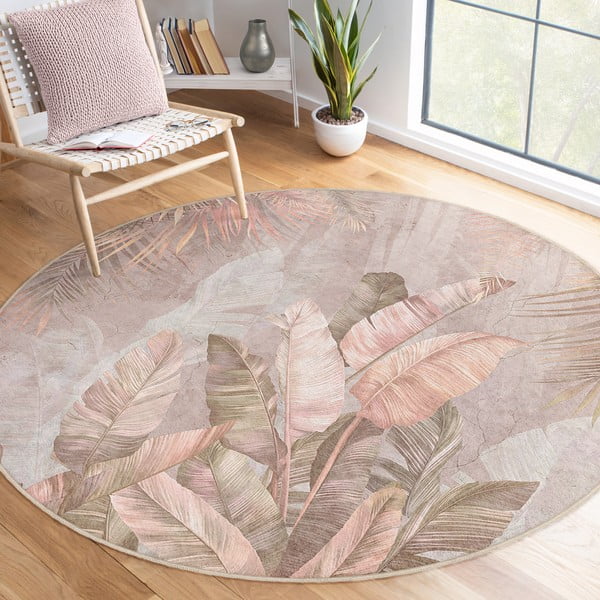 Világos rózsaszín mosható kerek szőnyeg ø 120 cm Dusty Leaves – Mila Home-image-1