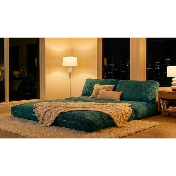 Kékeszöld buklé kinyitható kanapé 150 cm Faster – Mauro Ferretti-image-1