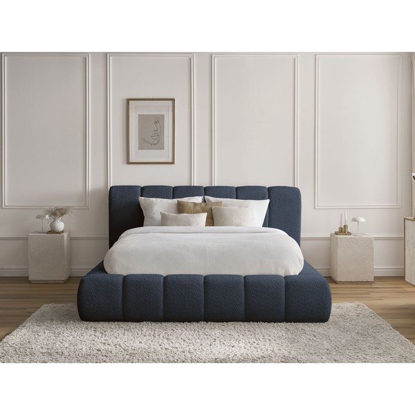 Sötétkék kárpitozott ágyneműtartós franciaágy ágyráccsal 160x200 cm Denali – Bobochic Paris-image-1