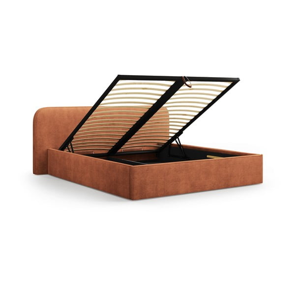 Téglavörös kárpitozott ágyneműtartós franciaágy ágyráccsal 160x200 cm Elizabeth – Micadoni -image-2