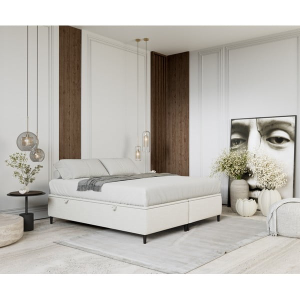 Krémszínű kárpitozott ágyneműtartós franciaágy 140x200 cm Tate – Maison de Rêve-image-1