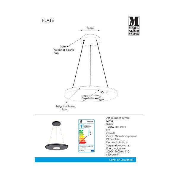Plate fekete függőlámpa, ø 50 cm - Markslöjd-image-1