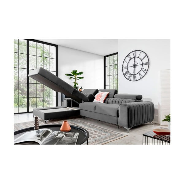 Szürke bársony kinyitható-tárolóhelyes sarokkanapé (bal oldali-heverő résszel) Grayson – ELTAP-image-3