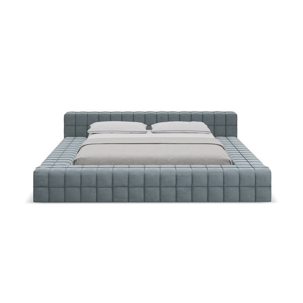 Világoskék kárpitozott franciaágy ágyráccsal 140x200 cm Akela – Makamii-image-3