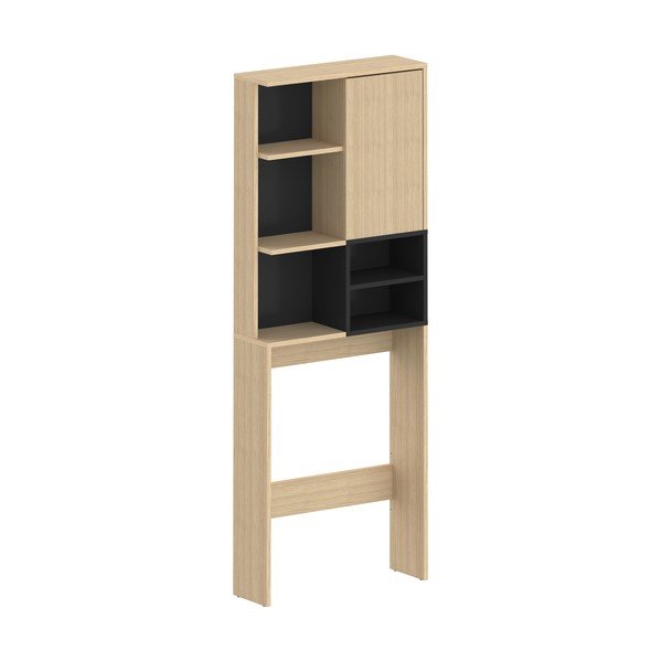 Fekete magas fürdőszoba szekrény tölgyfa dekorral, mosógép/WC fölé 64x179 cm Kube - TemaHome -image-2