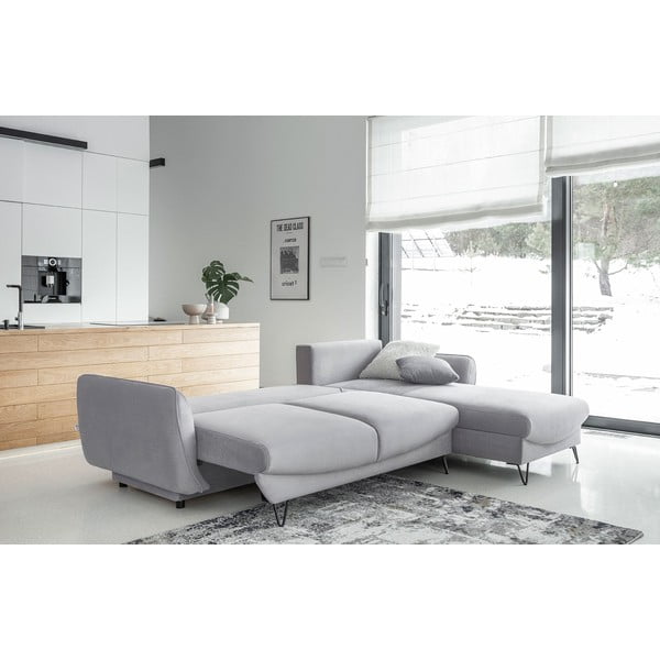 Világosszürke bársony kinyitható-tárolóhelyes sarokkanapé (jobb oldali-heverő résszel) Silva – ELTAP-image-2